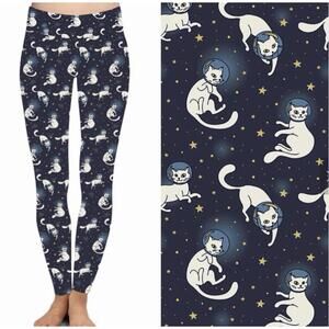 New TC LuLaRoe Cats In Space Leggings W/ Stars Midnight Blue Background Sz 12-18